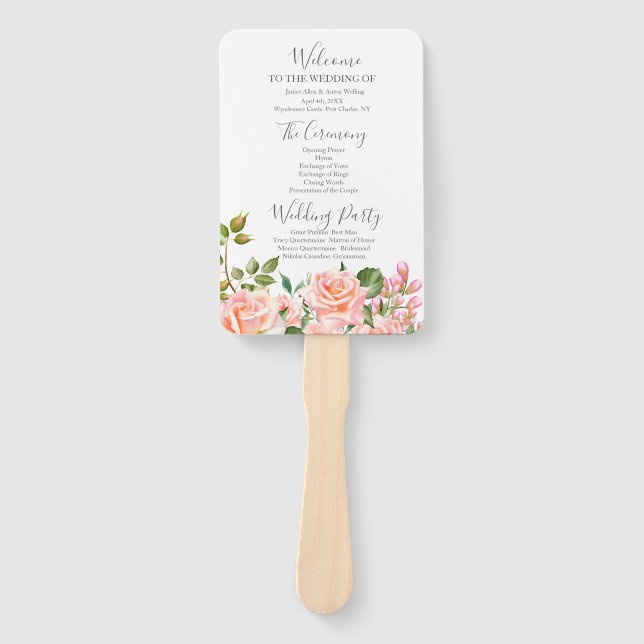 Botanisches Hochzeitsprogramm in Rosa Fächer (Vorderseite)