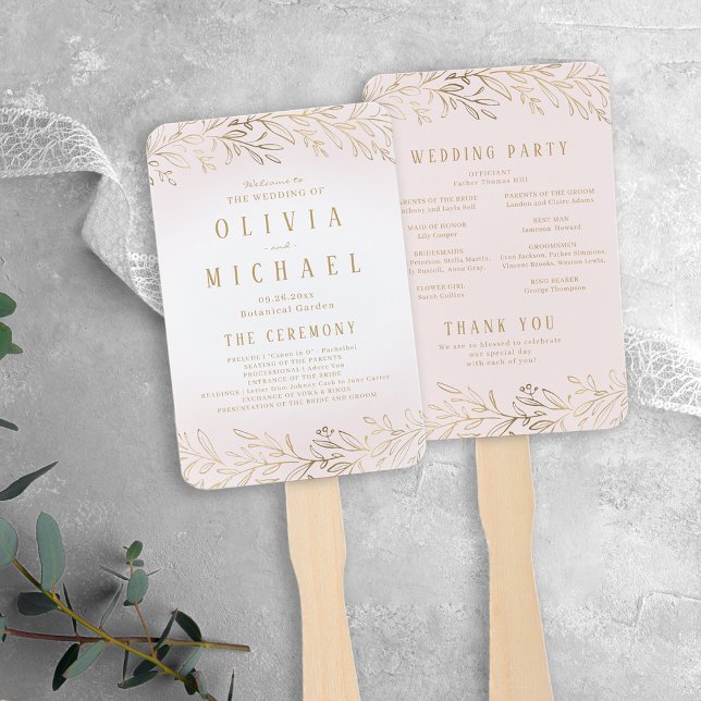 Botanisches Hochzeitsprogramm in Rosengold Fächer (Elegant blush gold botanical wedding program hand fan)