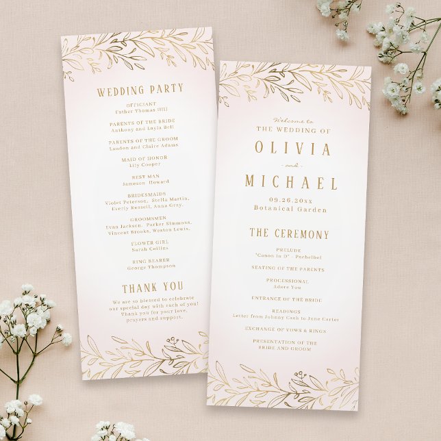 Botanisches Hochzeitsprogramm in Rosengold Menükarte (Elegant blush gold botanical wedding program)