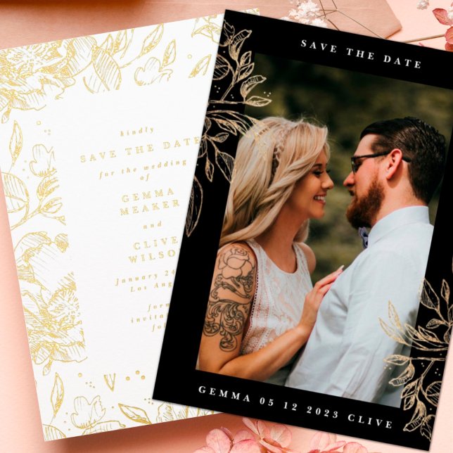 Botanisches Hochzeitssemble für Schwarze Moderne F Folieneinladung (Von Creator hochgeladen)