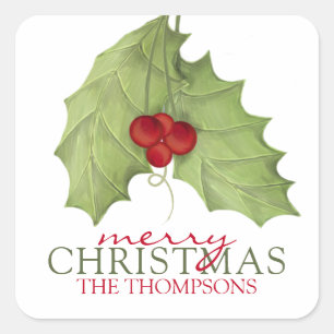 Botanisches Holly Berries Gemäldetes Grün 1 Foto Quadratischer Aufkleber