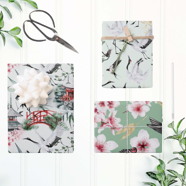 Botanisches japanisches Muster des Wasserfarbbird Geschenkpapier Set (Von Creator hochgeladen)