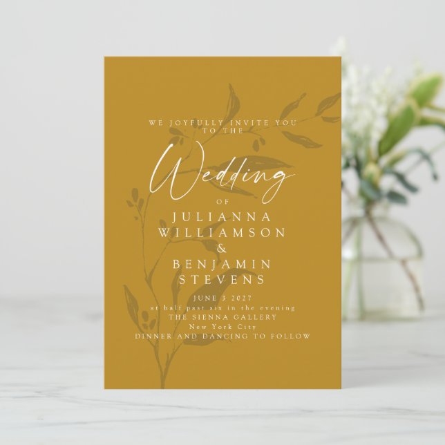 Botanisches Kunstwerk Mustard Yellow Boho Hochzeit Einladung (Stehend Vorderseite)