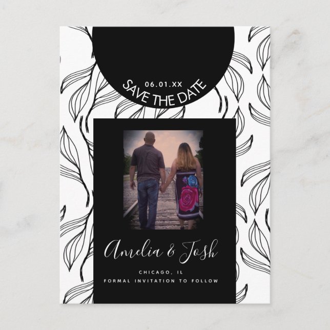 Botanisches Leaf Black Formen Save the Date Postkarte (Vorderseite)