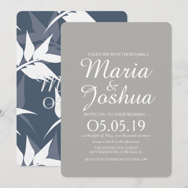 Botanisches Leaf Muster Blaue Hochzeit Einladung (Vorne/Hinten)