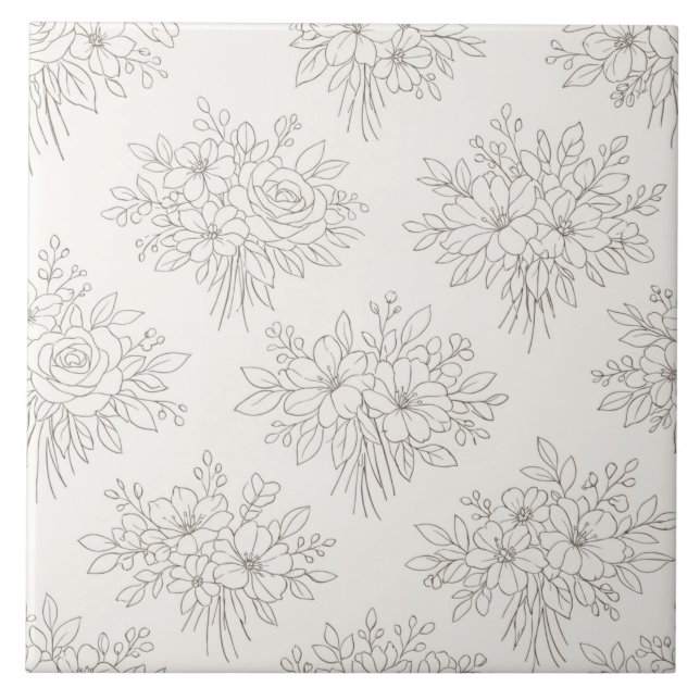 Botanisches Linienblumenstrauß-Muster Fliese (Vorderseite)