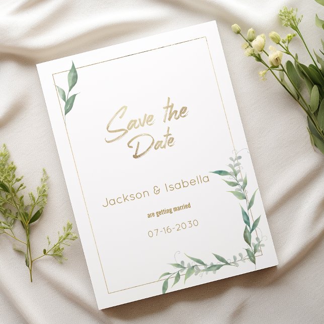 Botanisches Minzgrün, goldgrün Save the Date Einladung (Botanical mint green gold greenery Save the Date )