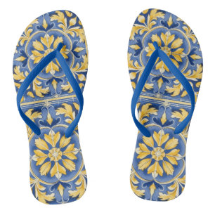 Botanisches Mittelmeer-Muster - Blau und Gelb Flip Flops