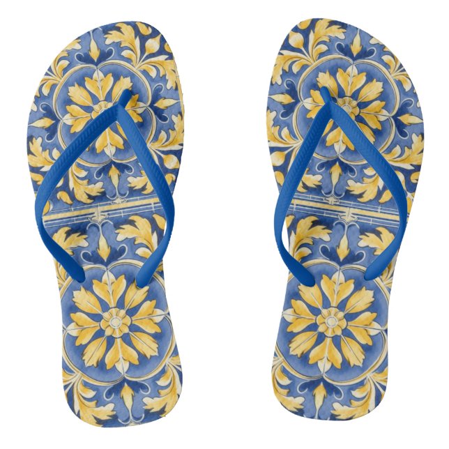 Botanisches Mittelmeer-Muster - Blau und Gelb Flip Flops (Fußbett)