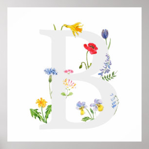 botanisches Monogramm-Alphabet b Wildblumen Poster
