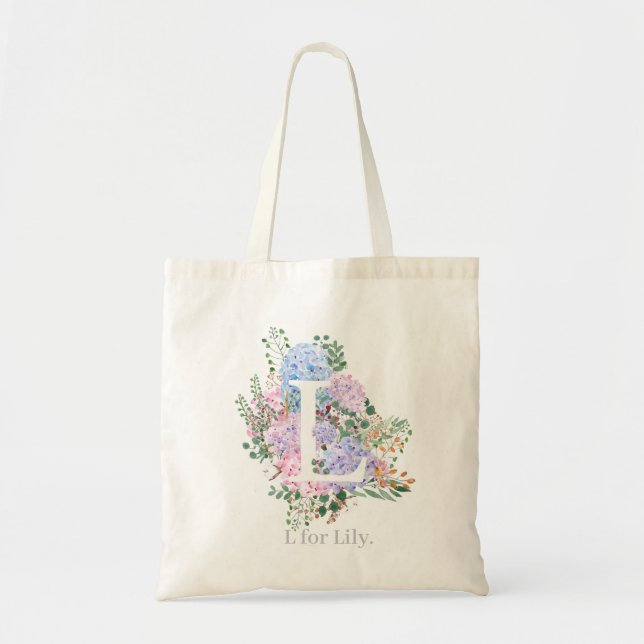 botanisches Monogramm-Alphabet L Hydrangea-Blume Tragetasche (Vorne)