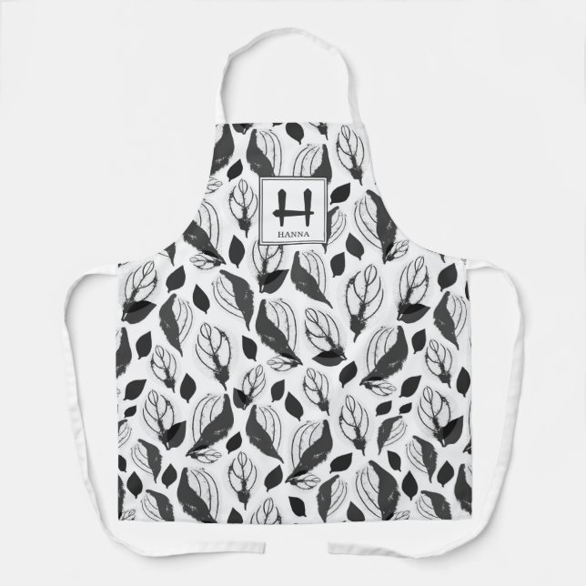 Botanisches Monogramm aus schwarzem Krautleder Schürze (Vorderseite)