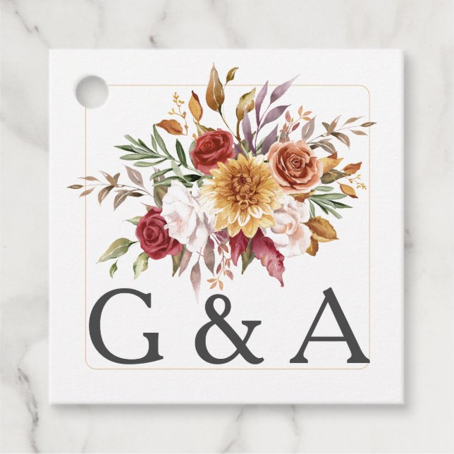Botanisches Monogramm Fall Watercolor Geschenkanhänger (Vorderseite)