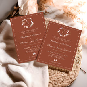 Botanisches Monogrammwappen Terrakotta-Hochzeit Einladung