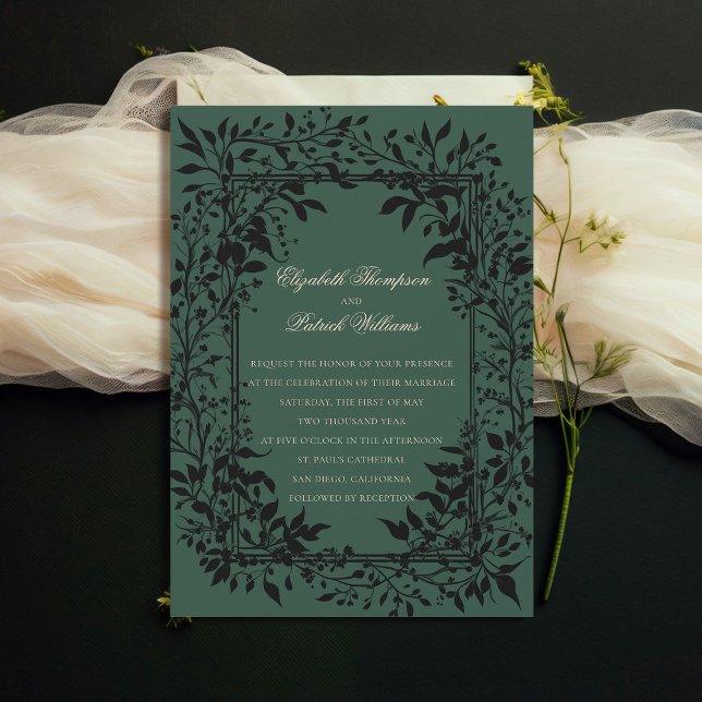 Botanisches Moody Forest Classic Hochzeit Einladung (moody forest wedding invitation botanical frame green elegant modern traditional calligraphy)