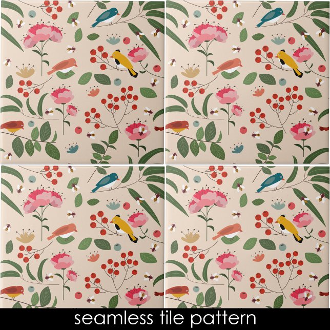 Botanisches Muster der handgezogenen Blütenbienen Fliese (Hand Drawn Floral Birds Bees Botanical Pattern Ceramic Tile)