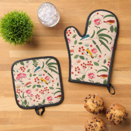 Botanisches Muster der handgezogenen Blütenbienen Ofenhandschuh & Topflappen-Set