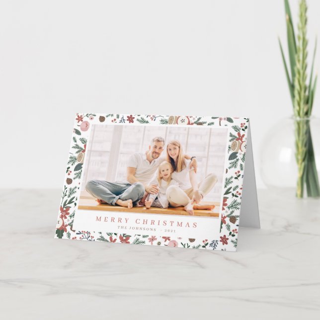 Botanisches Muster der modernen Weihnachtsblütenbl Feiertagskarte (Vorderseite)