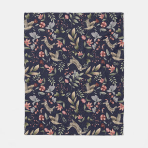 Botanisches Muster der Navy Blue Woodland Animal N Fleecedecke