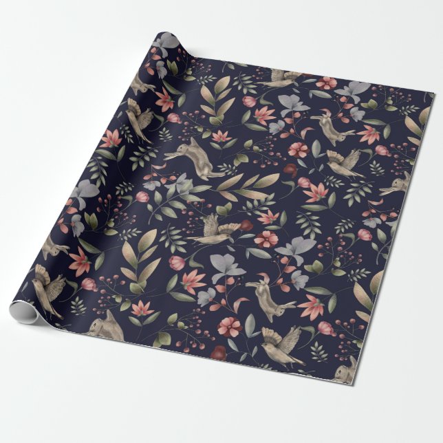 Botanisches Muster der Navy Blue Woodland Animal N Geschenkpapier (Ungerollt)