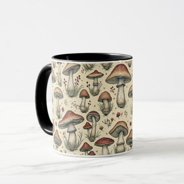 Botanisches Muster der Pilze in Braun und Beige Tasse (Vorderseite Links)