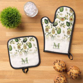 Botanisches Muster für Aquarellfarben Mit Monogram Ofenhandschuh & Topflappen-Set