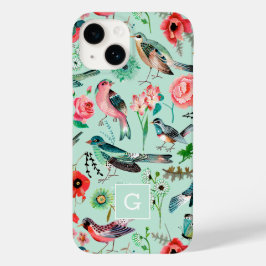 Botanisches Muster für Vintage Grünblütenvögel Case-Mate iPhone 14 Hülle