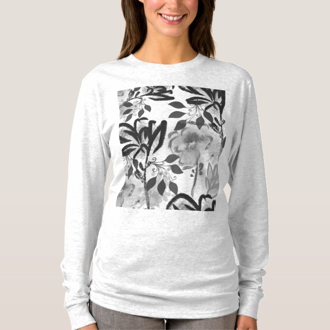 Botanisches Muster in Schwarz-Weiß-Blume T-Shirt (Vorderseite)
