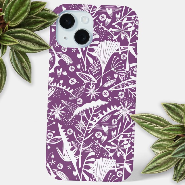 Botanisches Muster Lila Case-Mate iPhone Hülle (Purple and white botanical silhouette cell phone case)