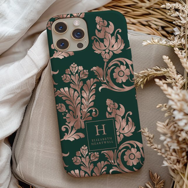 Botanisches Muster Monogram Rose Gold Emerald Gree Case-Mate iPhone Hülle (Von Creator hochgeladen)