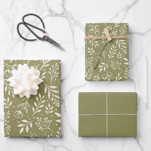 Botanisches Muster Olive Green - Wrapping Paper Se Geschenkpapier Set (Vorderseite)