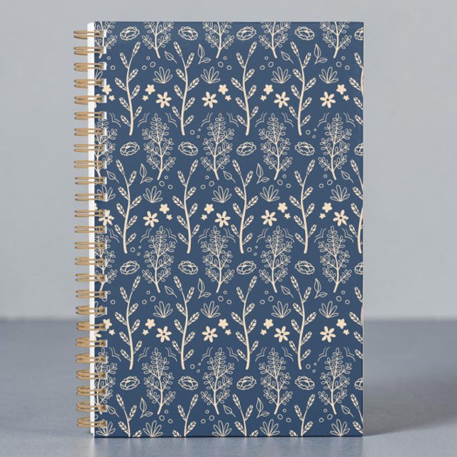 Botanisches Muster Planer (A navy blue planner notebook in boho botanical sprigs of nature in a light cream.)