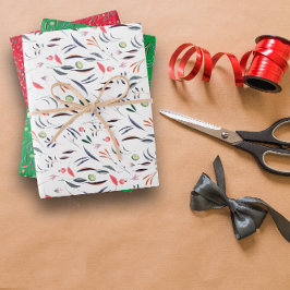 Botanisches Muster, rot-grünes weißes Packpapier Geschenkpapier Set