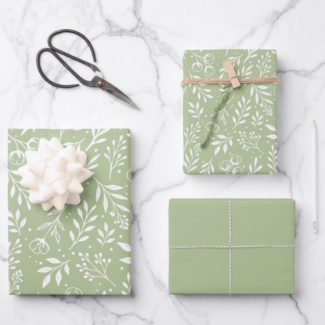 Botanisches Muster - Seitengrün - Set zum Umhüllun Geschenkpapier Set (Vorderseite)
