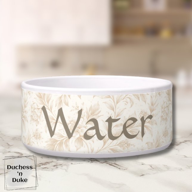 Botanisches Muster Soft Ivory Bloom Haustier Napf (Dog Water Bowl with ivory botanical design displayed on marble counter top)