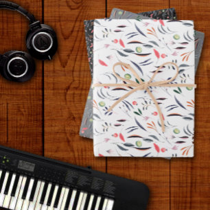 Botanisches Muster verlassen weißes schwarzes Pack Geschenkpapier Set