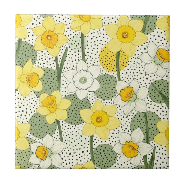 Botanisches Narzissen-Blumen-Geometrisches Muster  Fliese (Vorderseite)