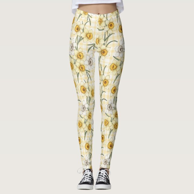 Botanisches Narzissen-Karo-Muster Leggings (Vorderseite)