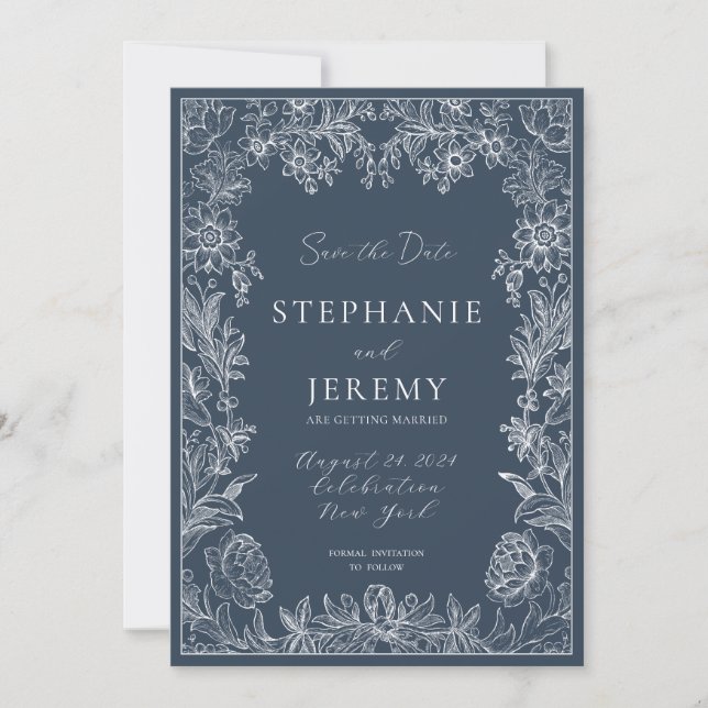 Botanisches Navy Blue Eleganto Save the Date Einladung (Vorderseite)