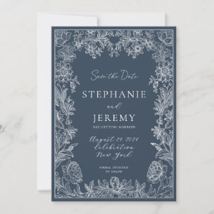 Botanisches Navy Blue Eleganto Save the Date Einladung