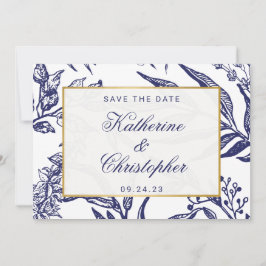 Botanisches Navy Blue Gold Foto Save the Date