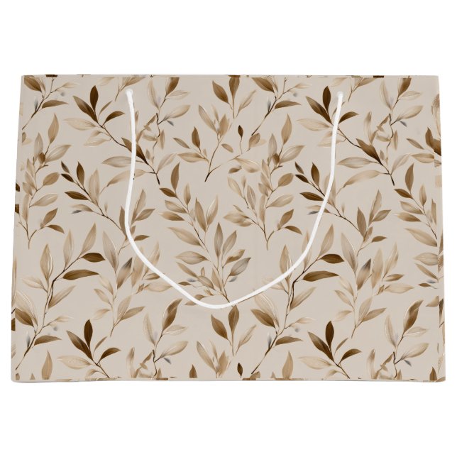 Botanisches Olivenblatt Beige Blumenmuster Große Geschenktüte (Vorderseite)