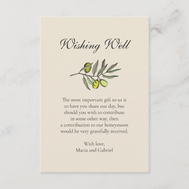 Botanisches Olivenöl, das sich gut wünscht. Hochze Begleitkarte (Vorderseite)