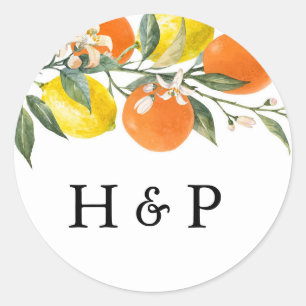 Botanisches Orange- und Lemon-Hochzeitsmonogramm Runder Aufkleber