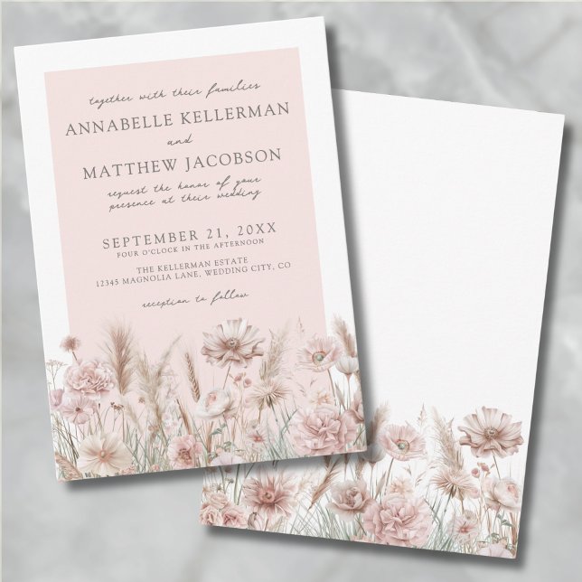 Botanisches Pampas Blütenrot Pink Boho Hochzeit Einladung (Botanical Pampas Floral Blush Pink Boho Wedding Invitation)
