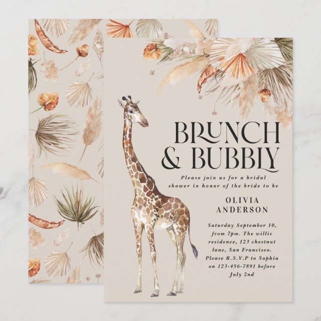 Botanisches Pampas-Gras-Giraffe-Brautparty Einladung (Vorne/Hinten)