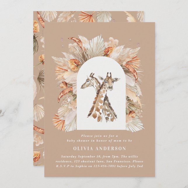Botanisches Pampasgras Moderne Giraffe Safari Chic Einladung (Vorne/Hinten)