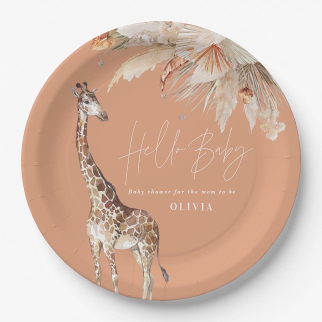 Botanisches Pampasgras Moderne Giraffe Safari Chic Pappteller (Vorderseite)