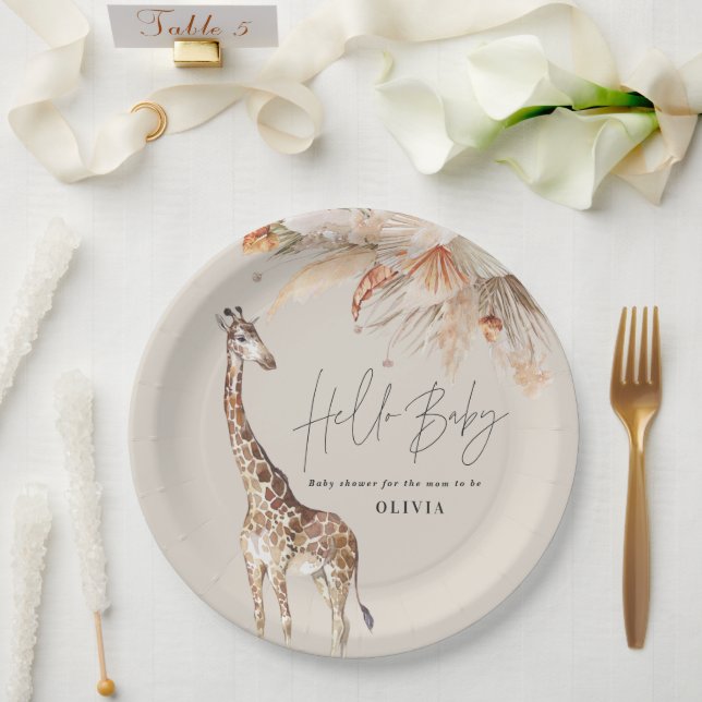 Botanisches Pampasgras Moderne Giraffe Safari Chic Pappteller (Hochzeit)