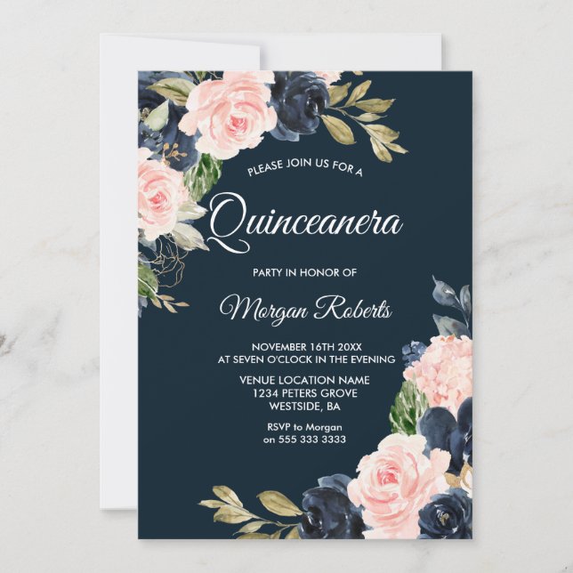 Botanisches Party Navy & Blush Quinceanera Einladung (Vorderseite)